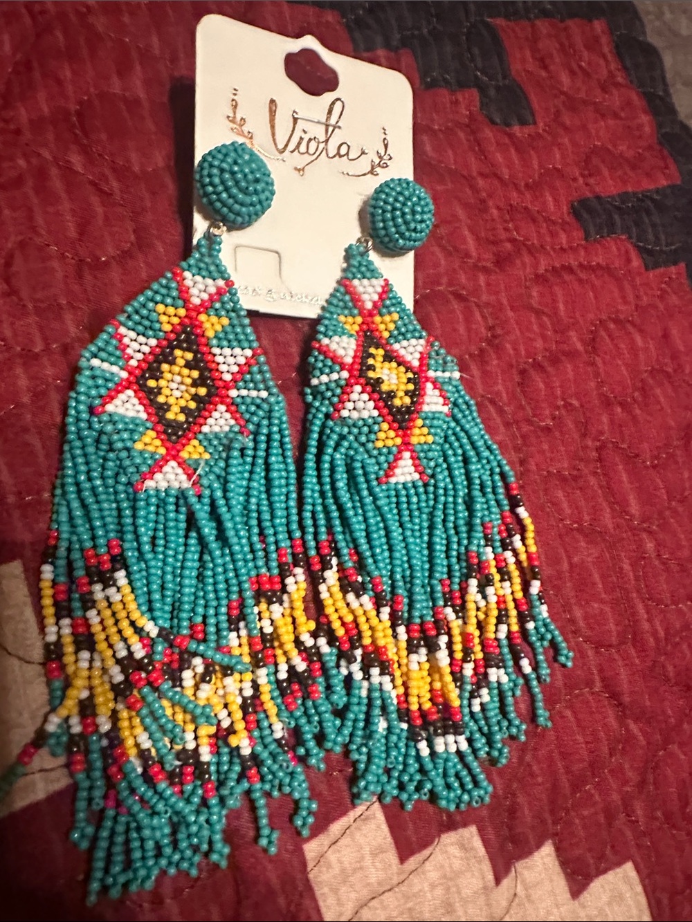 Turquoise Beaded Fringe Statement Earrings - Picture 2 of 3